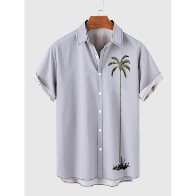 Light Blue Color Coconut Palms Print Men's Short Sleeve Shirt