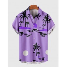 Purple Coconut Tree Print Summer Casual Men's Short Sleeve Shirt